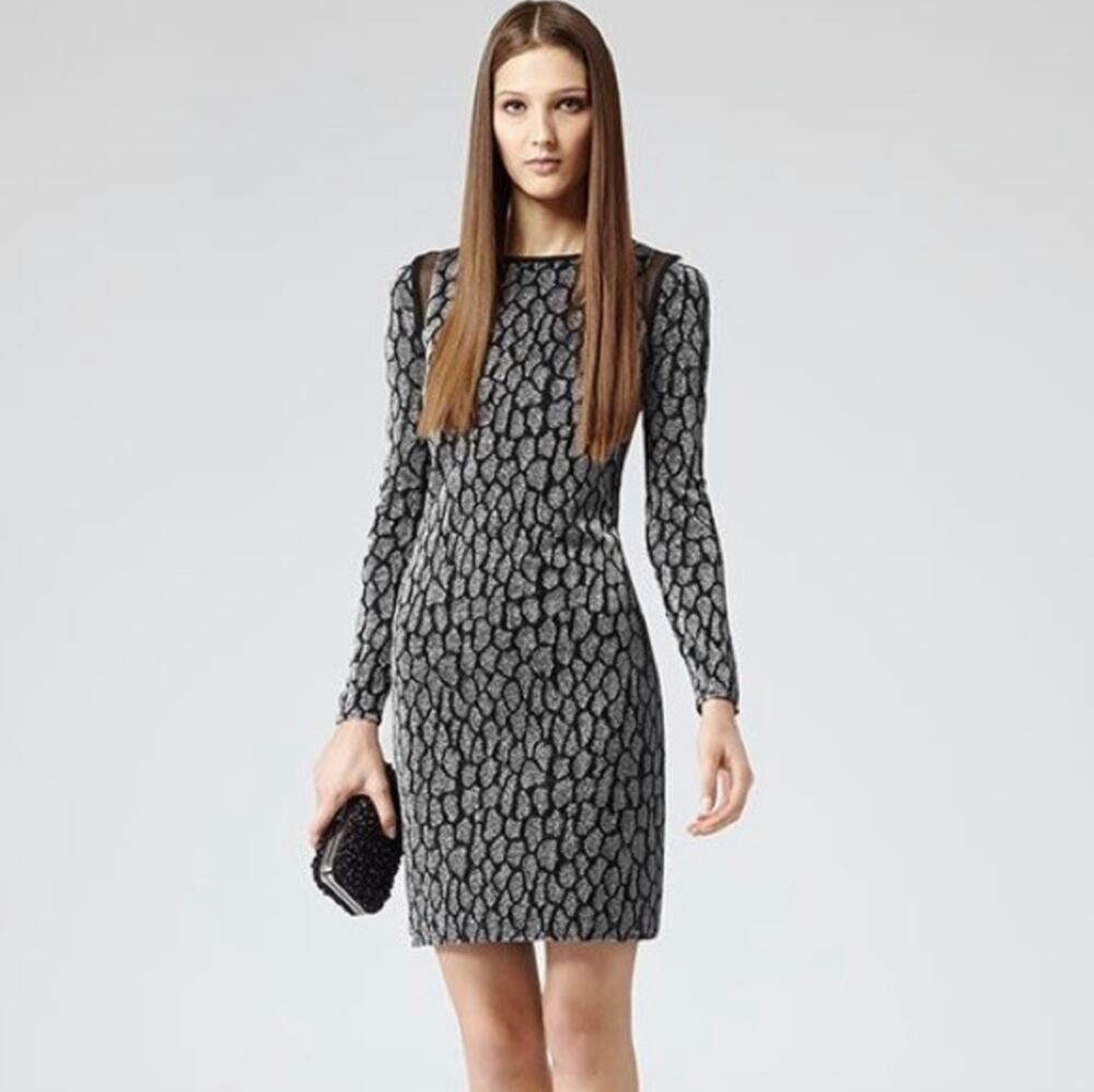 REISS Doe Animal Print Long Sleeve Bodycon Metallic Dress, Black/ Silver
